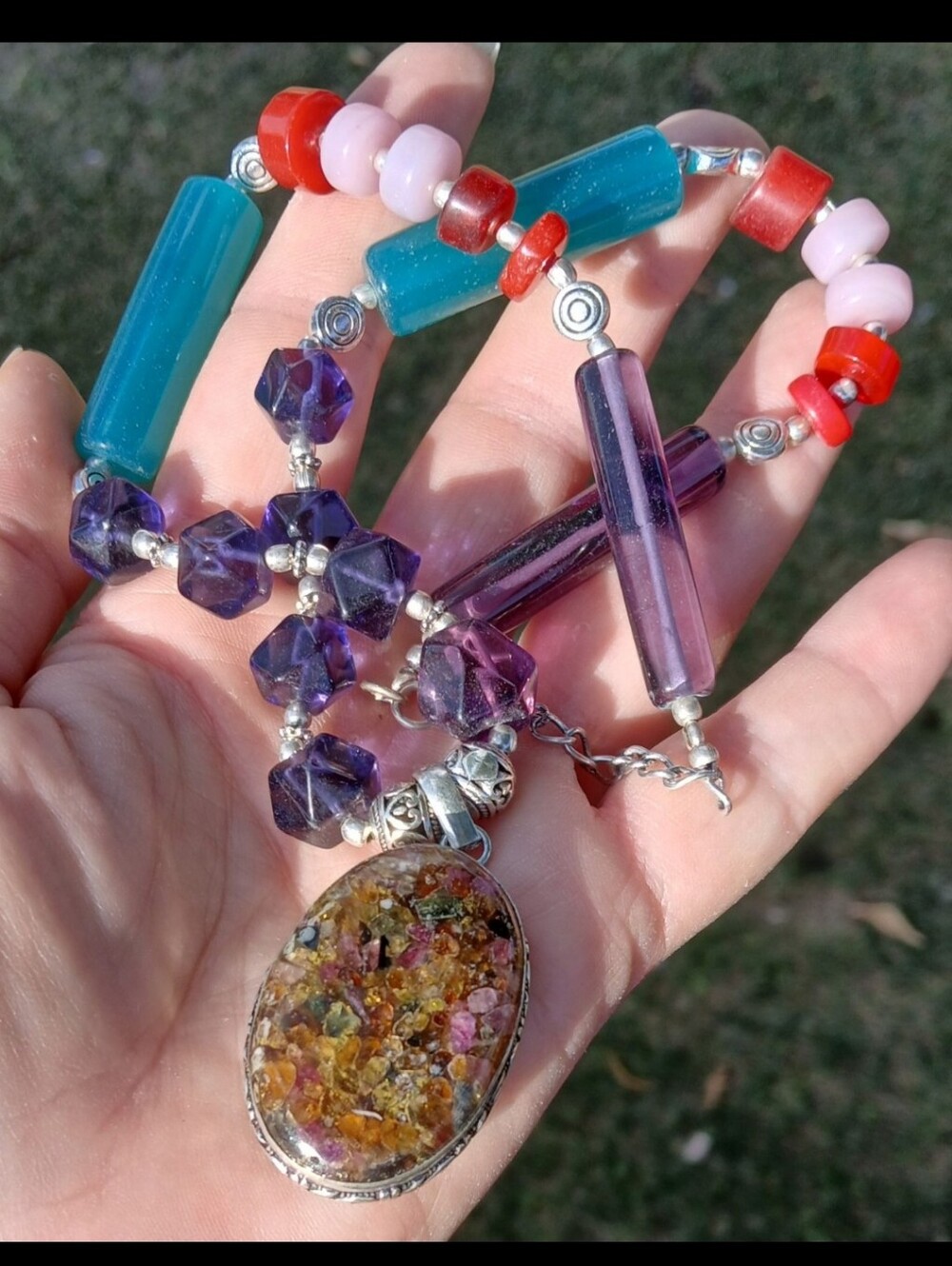 New Watermelon Tourmaline 925 Silver Beaded Necklace.